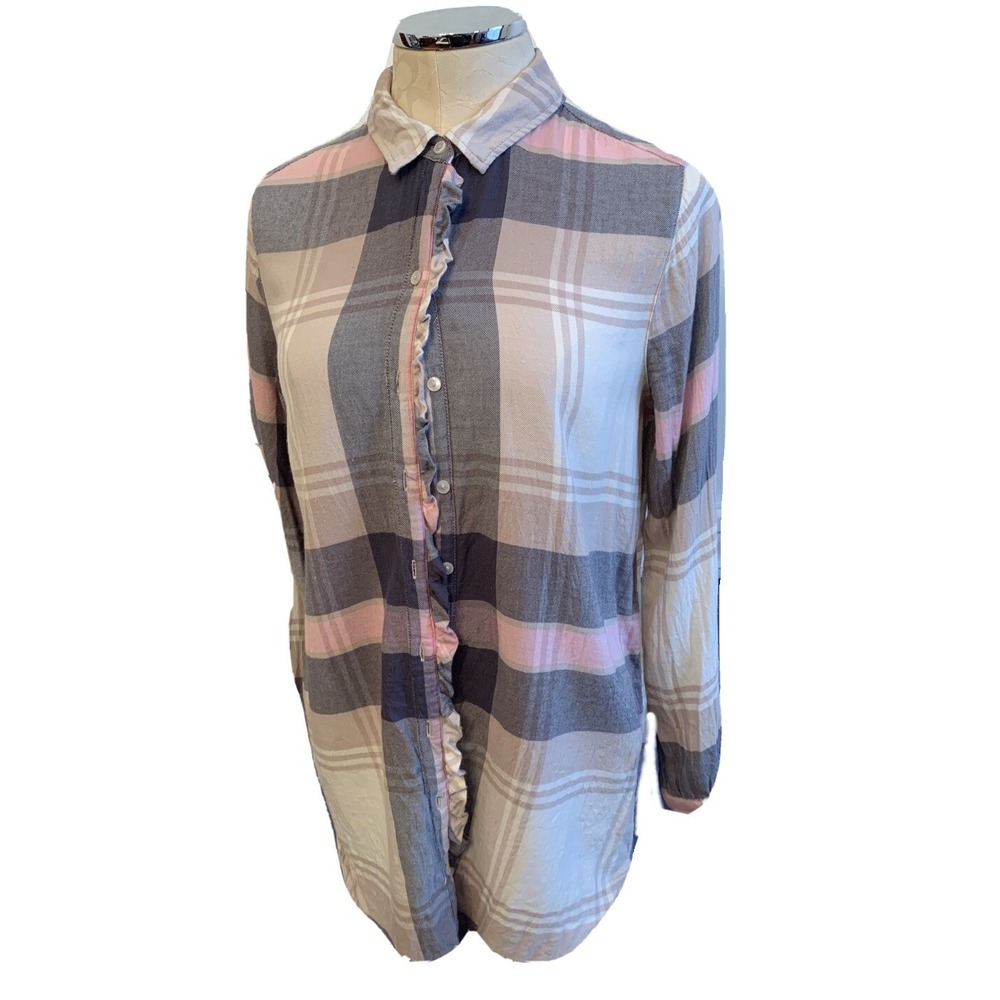 Small Aerie Women's Flannel Plaid Navy Pink Ivory Tan Button Down Nightshirt Sle